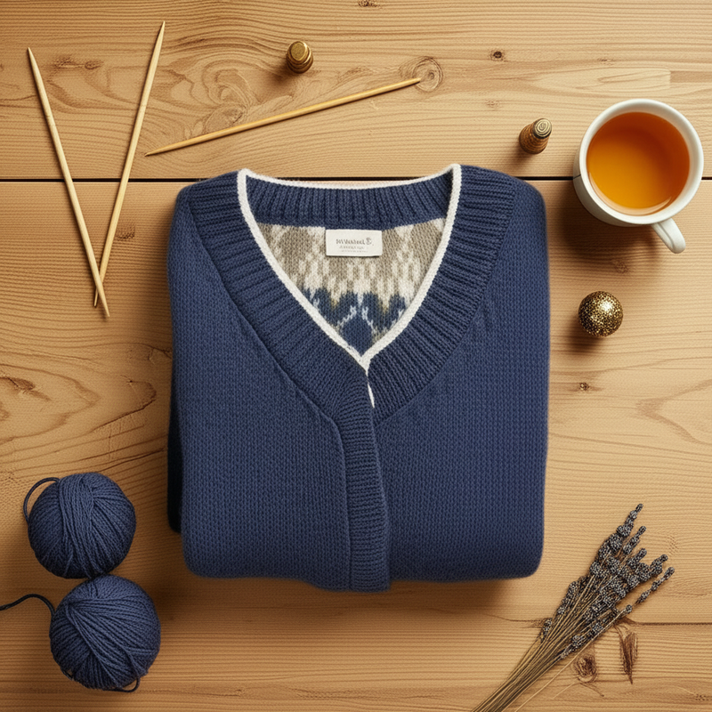 Cardigan Azul Marino Rayas Cuello Pico lifestyle